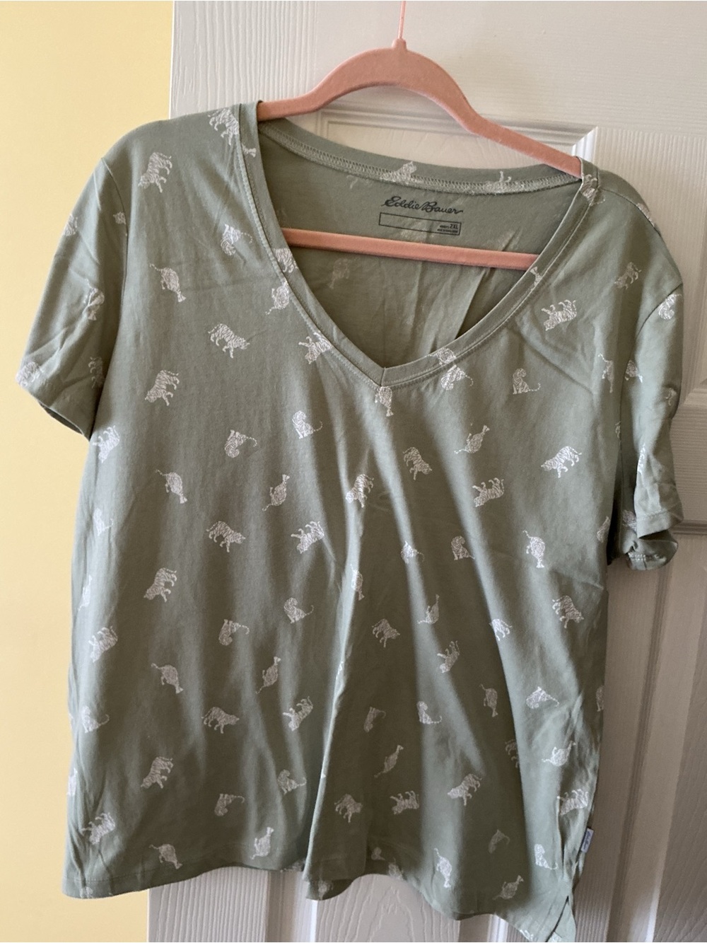 Eddie Bauer Olive Green V-Neck Tee with White Print